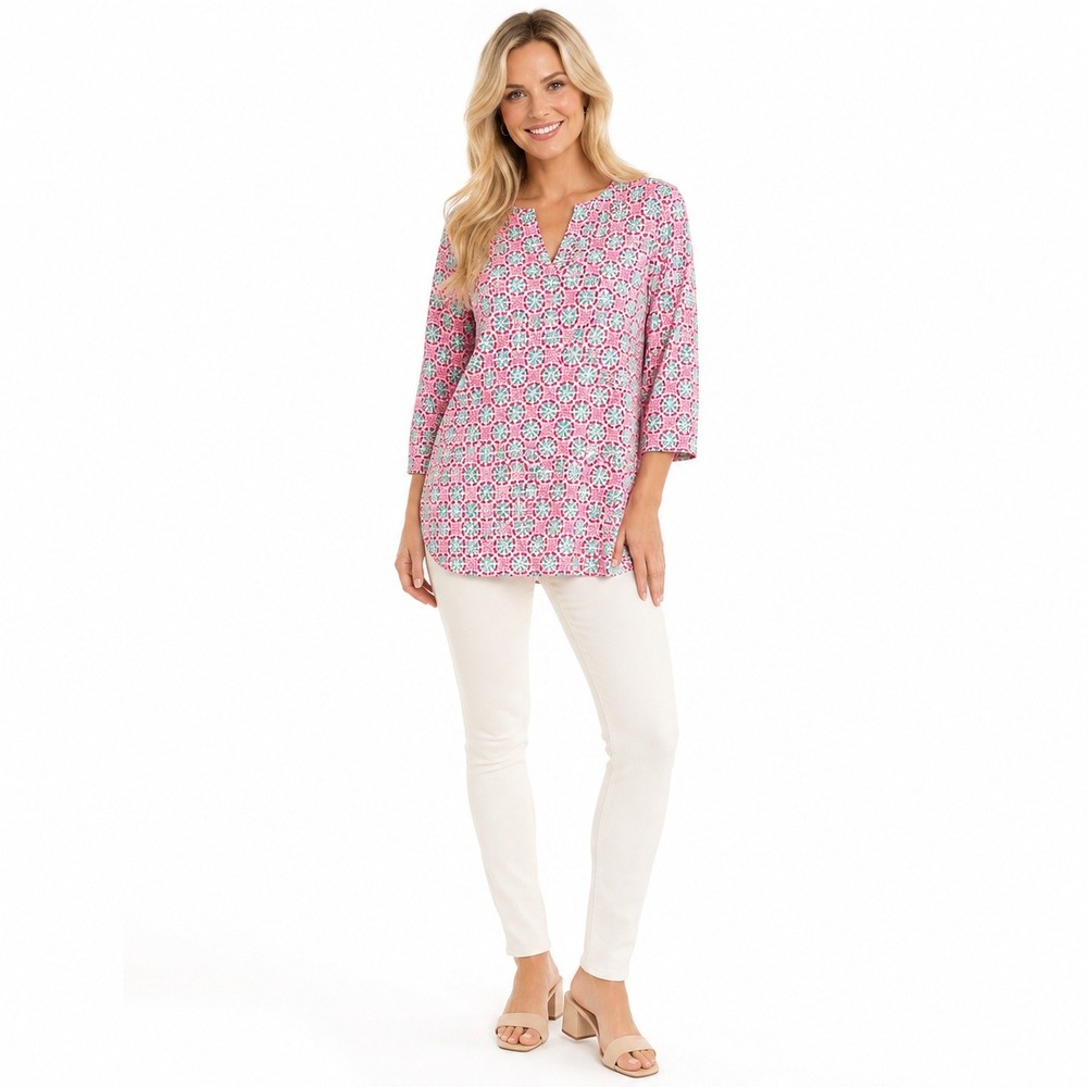Malabar Bay Tunic‎ Top Womens M Pink Blue Geometric V-Neck 3/4 Sleeve Boho